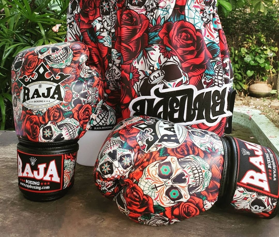 Raja Thai Boxing Gloves - Rose Skull - Semi Leather