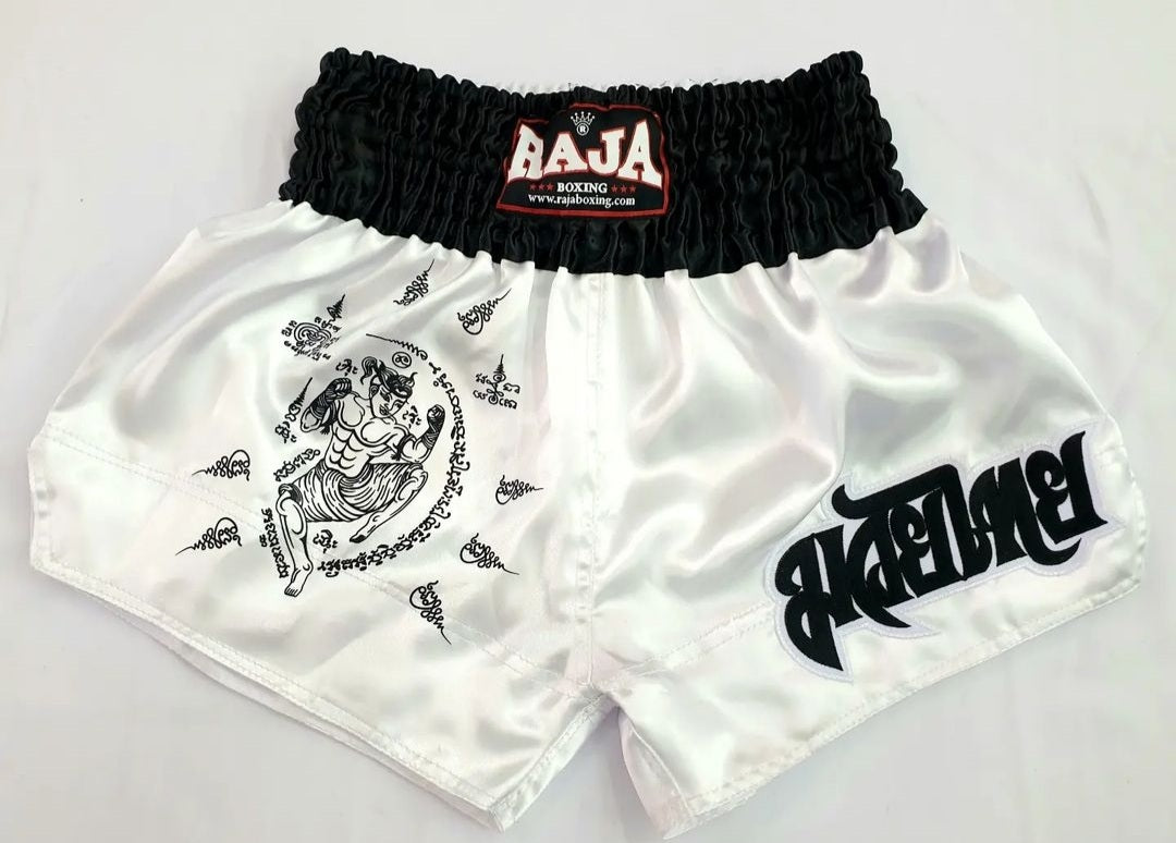 Raja Thai Boxing Shorts - Ya Nak Muay Pattern- White