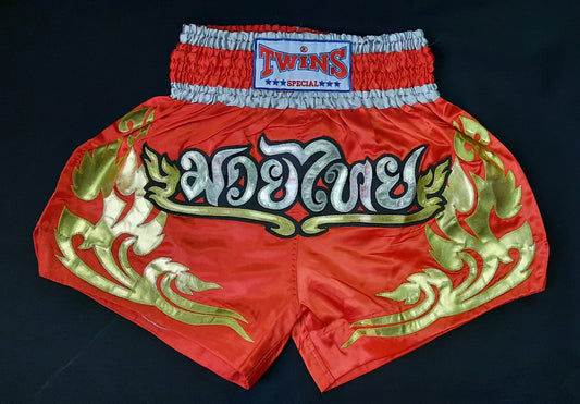 Twins Special Thai Boxing Shorts Red/Gold Thai Pattern -