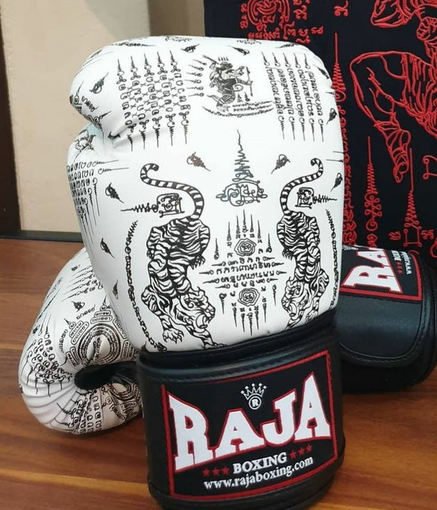 Raja Thai Boxing Gloves  "Yan Nak Muay" White Pattern -Semi Leather