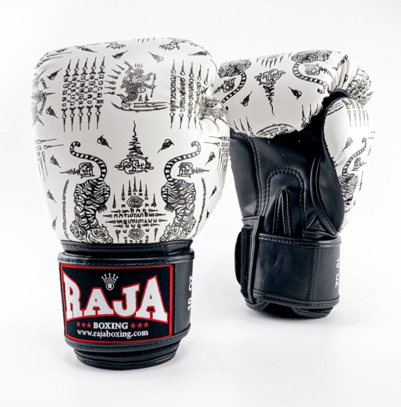 Raja Thai Boxing Gloves  "Yan Nak Muay" White Pattern -Semi Leather